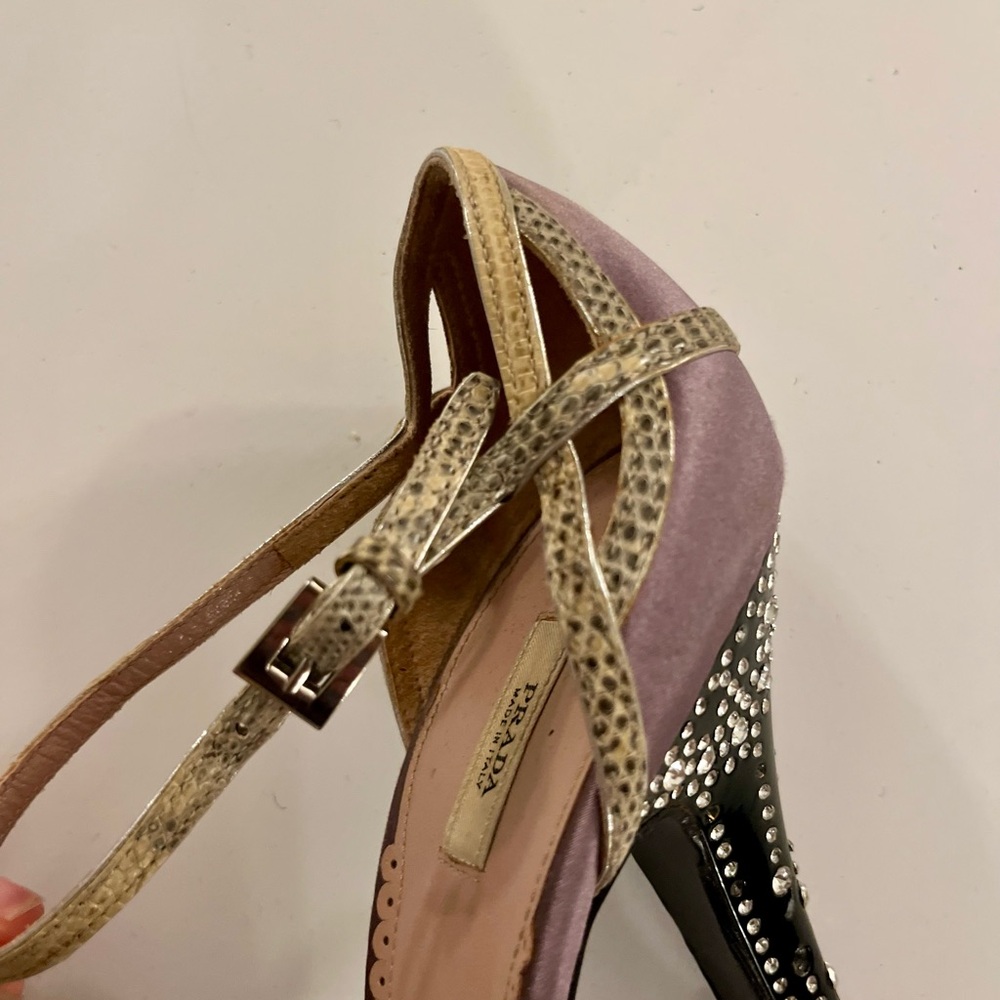 Vintage Prada Satin Peep-toe Dorsey Pumps with Rhinestone Heel - Picture 9 of 10